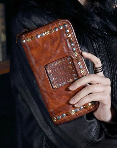 Genuine Leather Mens Cool Long Leather Wallet Biker Wallet Zipper Clutch Wallet for Men