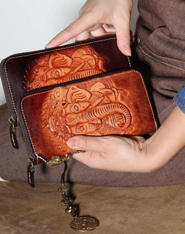 Handmade Leather Ganesha Tooled Biker Chain Mens Long Wallet Cool Leather Wallet Clutch Wallet for Men