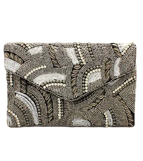 Curved Line Beaded Clutch in hematite