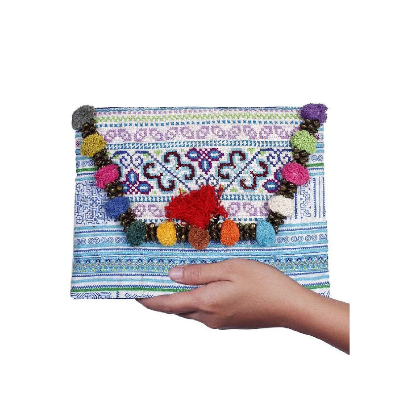 Repurposed Pom Poms and Bells Vintage Hmong Clutch - Thailand