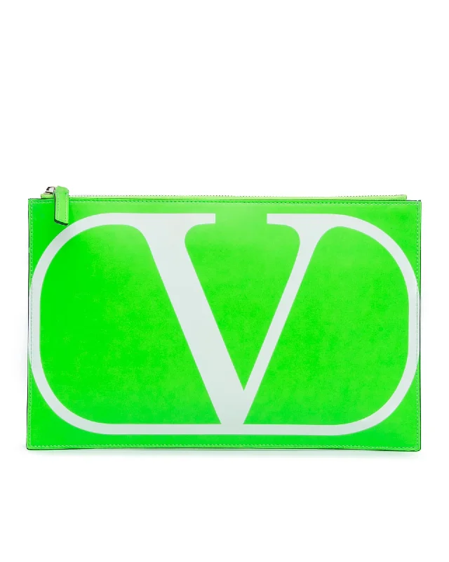 VLogo Leather Clutch with Top Zip Closure