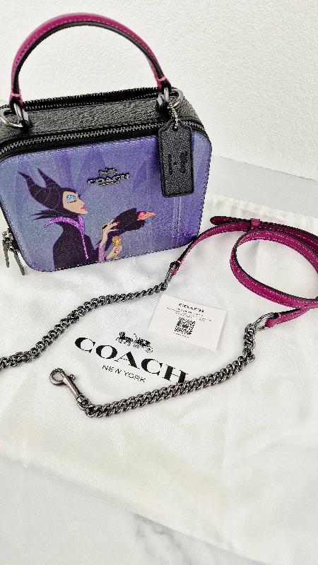 Trendy And Discounted Designer Handbags Disney x Coach Box Crossbody With Maleficent Motif Lunchbox Bag Purple Leather Villains - Coach CC376