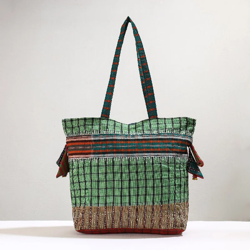 Green - Handmade Gamcha Fabric Kantha Work Tote Bag