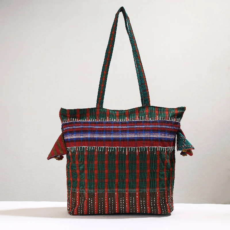 Green - Handmade Gamcha Fabric Kantha Work Tote Bag