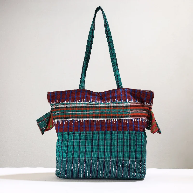 Green - Handmade Gamcha Fabric Kantha Work Tote Bag