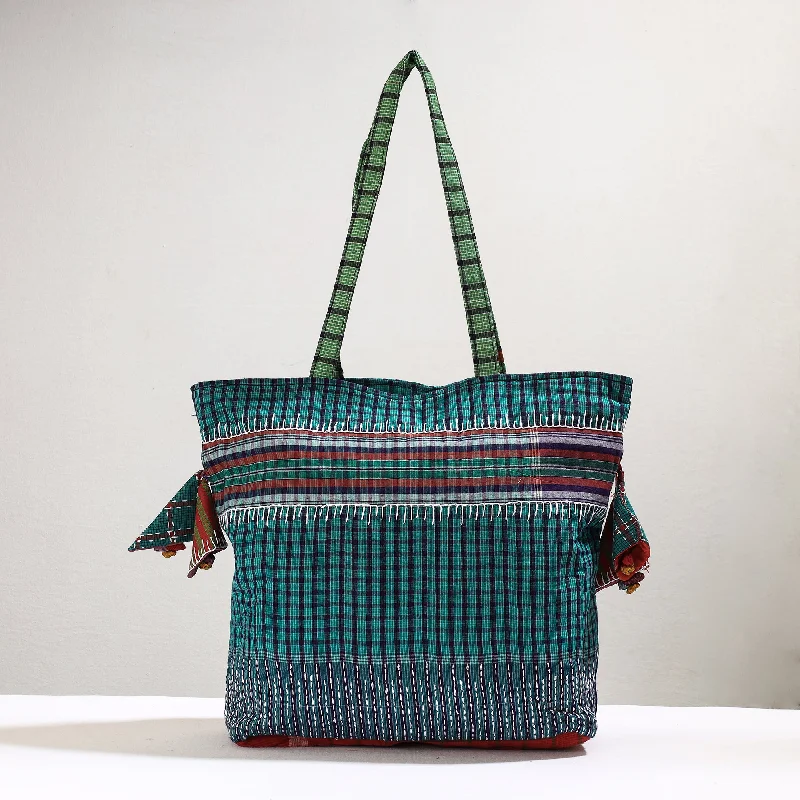 Green - Handmade Gamcha Fabric Kantha Work Tote Bag