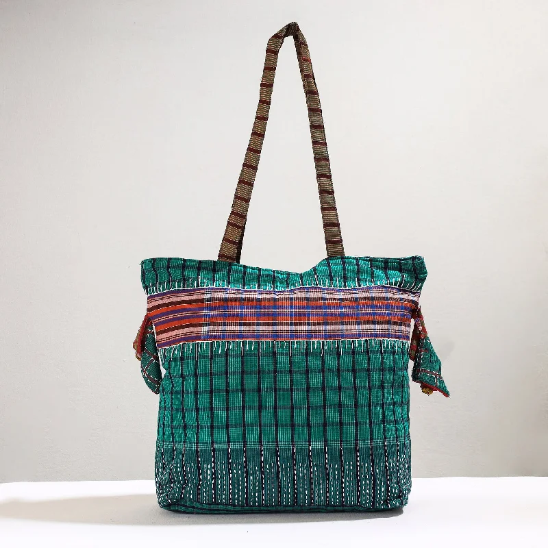 Green - Handmade Gamcha Fabric Kantha Work Tote Bag