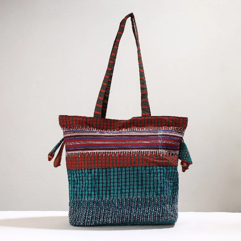 Green - Handmade Gamcha Fabric Kantha Work Tote Bag