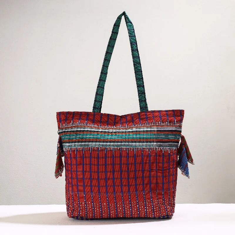 Red - Handmade Gamcha Fabric Kantha Work Tote Bag