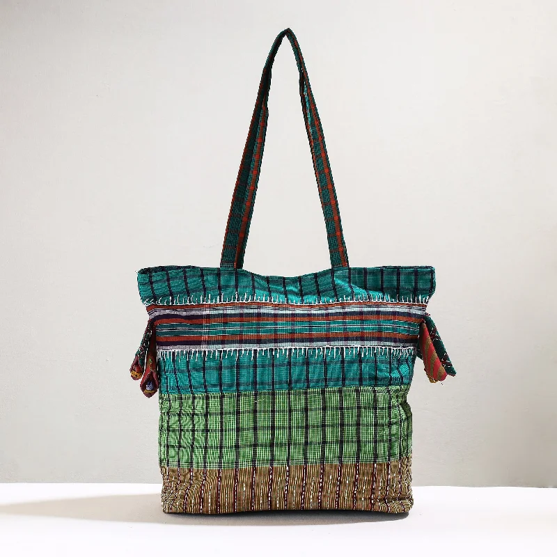 Green - Handmade Gamcha Fabric Kantha Work Tote Bag