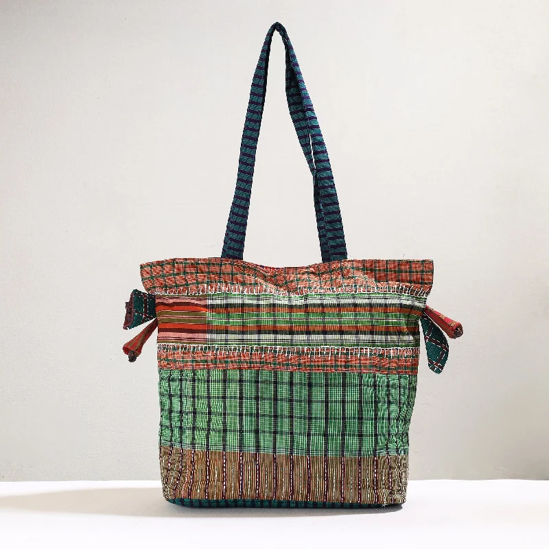 Green - Handmade Gamcha Fabric Kantha Work Tote Bag