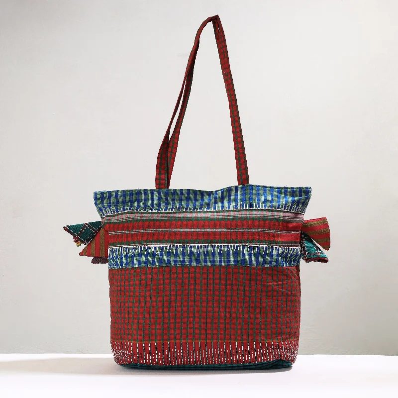 Red - Handmade Gamcha Fabric Kantha Work Tote Bag