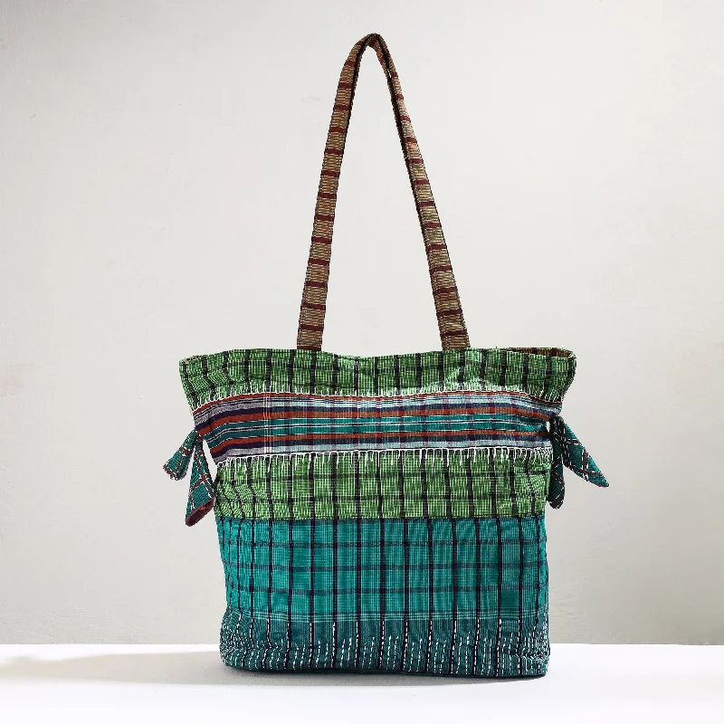 Green - Handmade Gamcha Fabric Kantha Work Tote Bag