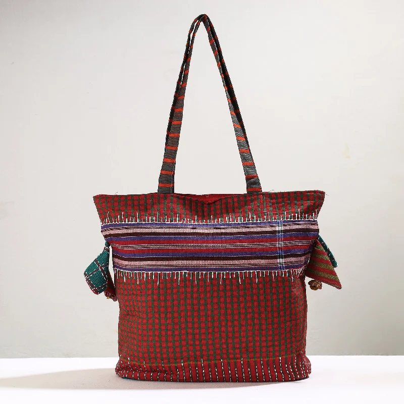 Red - Handmade Gamcha Fabric Kantha Work Tote Bag