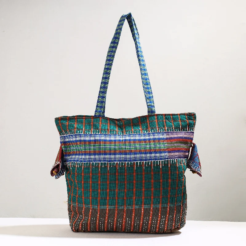 Green - Handmade Gamcha Fabric Kantha Work Tote Bag