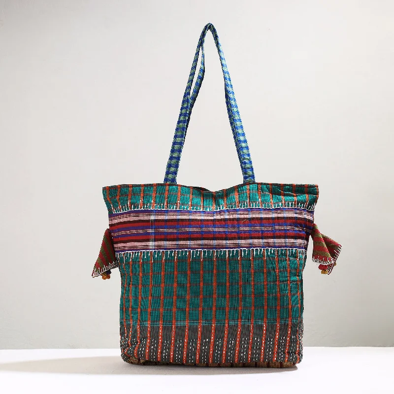 Green - Handmade Gamcha Fabric Kantha Work Tote Bag