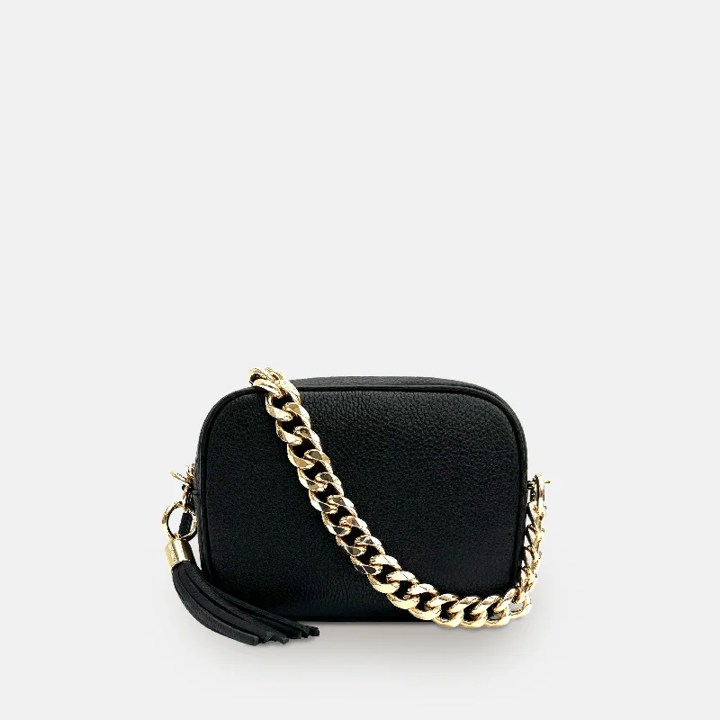 Lightweight Bags For Senior Travelers Black Leather Crossbody Bag With Gold Chain Strap