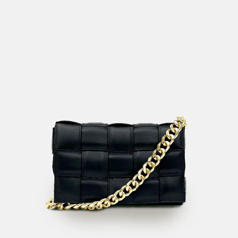 Limited-Time Offer On Trendy Bags Black Padded Woven Leather Crossbody Bag With Gold Chain Strap
