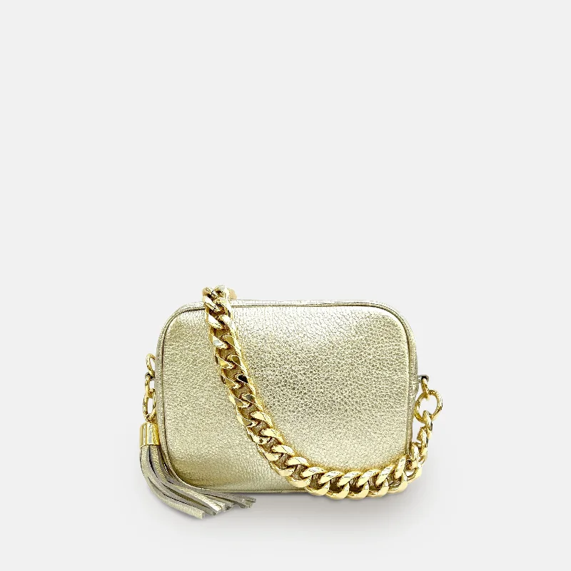 Discounted Designer Bags For Clearance Sale Gold Leather Crossbody Bag With Gold Chain Strap