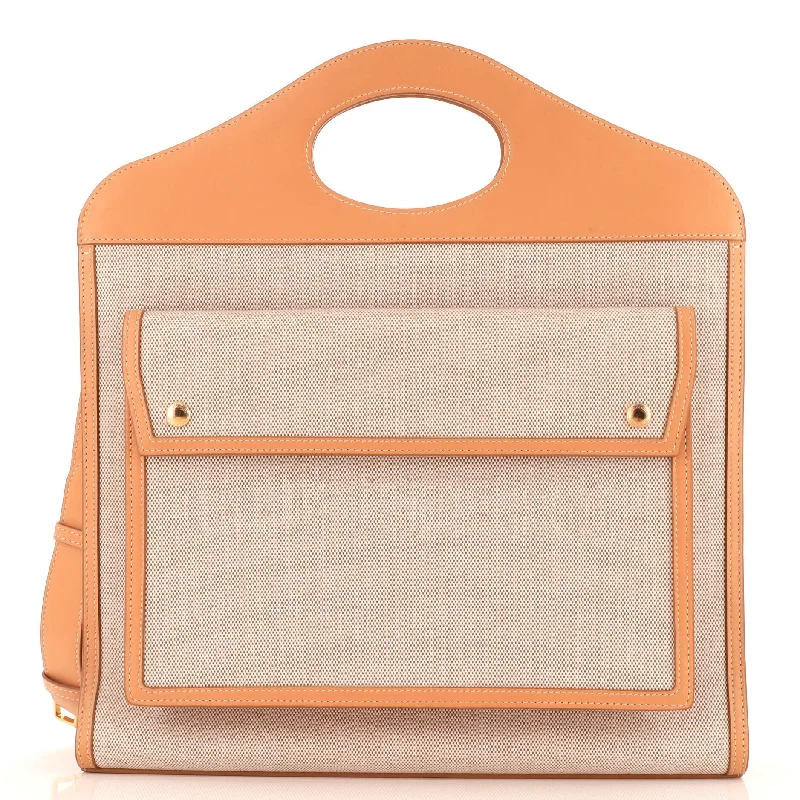 Spring Fashion Logo Pocket Tote Embossed Canvas with Leather Medium