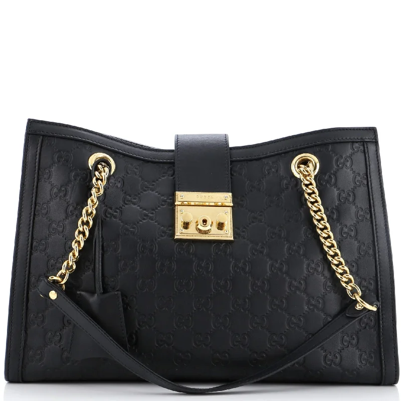 Fashion Forward Femininity Padlock Chain Tote Guccissima Leather Medium