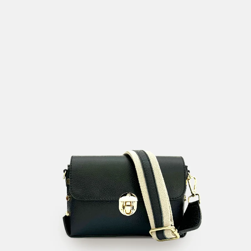 Valentine's Day The Bloxsome Black Leather Crossbody Bag With Canvas Strap