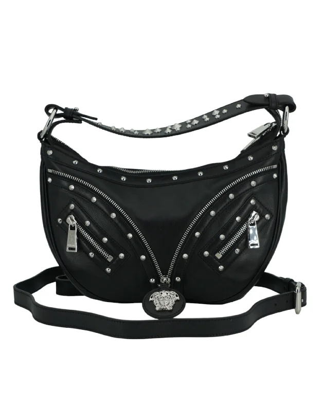 Versace Black Leather Small Hobo Shoulder Bag