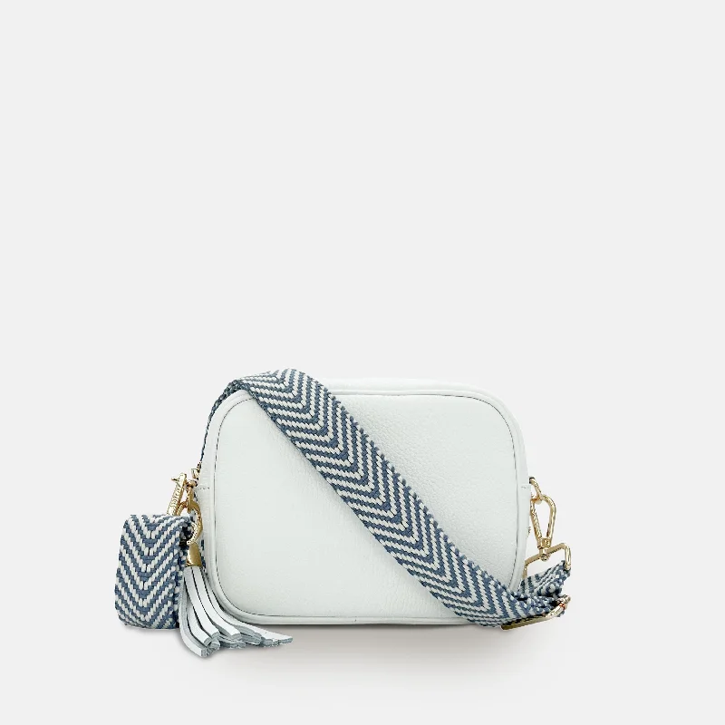 Luxury Bags For Working Professionals White Leather Crossbody Bag With Denim Blue Chevron Strap